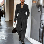 LinkMejor Men Jumpsuits Corduroy double-breasted Suit Collar Long-sleeved Casual One-piece Suit for Men with Side Pockets