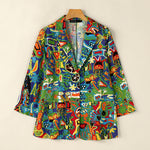 LinkMejor Womens Ethnic Prints Blazer Vacation Thin Suit Coat Retro Lapel Cotton Linen Printing Long Sleeve Blazer