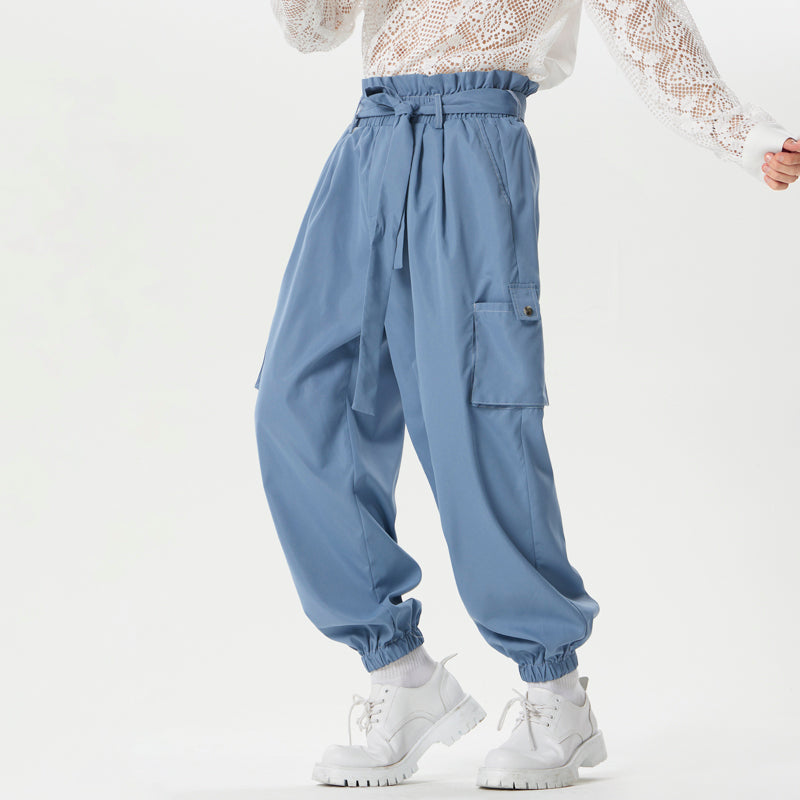 INCERUN Men Pants Tie Design Solid Color Casual Elastic Trousers Comfy Daily Solid Color Pants with Side Pockets