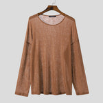 LinkMejor Mens Relaxed Fit Hollow Knit Long Sleeve T-Shirt Soft Drape Fabric Slightly See-through Tshirt Top