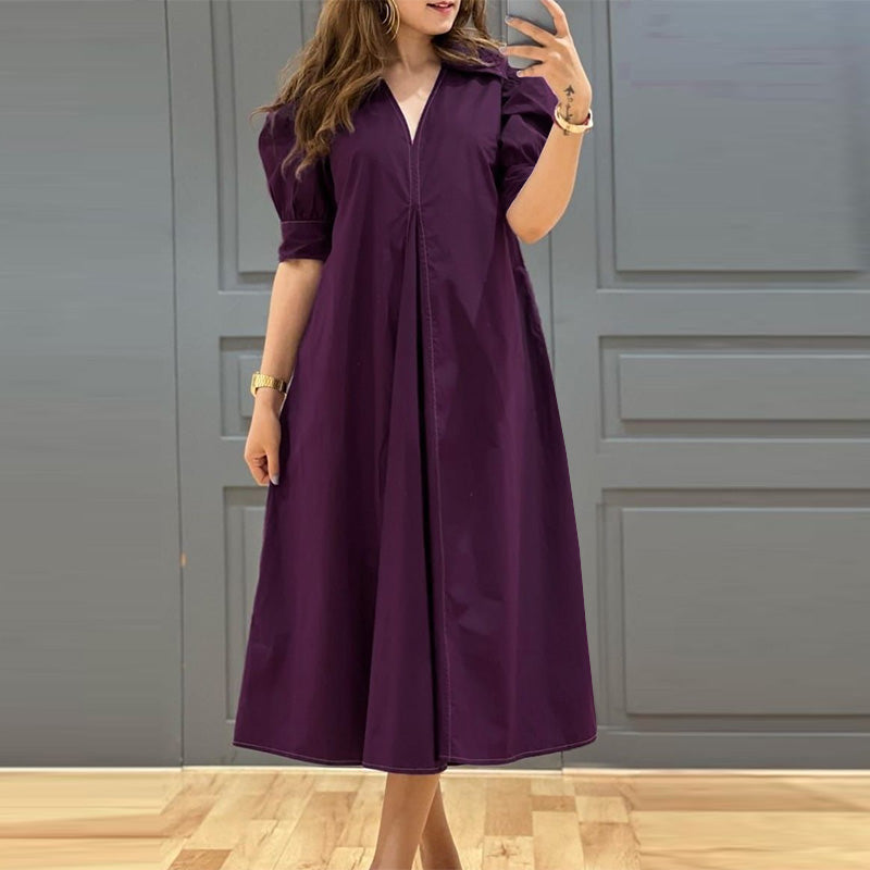 LinkMejor Women Vintage Fashion Solid Casual V-Neck Short Sleeve Dress Loose Fit with Side Pockets