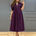 LinkMejor Women Vintage Fashion Solid Casual V-Neck Short Sleeve Dress Loose Fit with Side Pockets