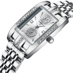 LinkMejor Women's Quartz Watch Elegant Rhinestone Rectangular Dial Waterproof Stainless Steel Strap Luminous Design Perfect for Business and Fashion Use Stylish Women Watch Ideal for Everyday Wear