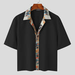 LinkMejor Mens Textured Patchwork Cropped Short Sleeve Shirt Comfortable Fashion Solid Printed Edge Lapel Top
