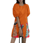 VONDA Women Bubble Short Sleeve Midi Dress Animal Print Cute Crew Neck Beach Dress Plus Size