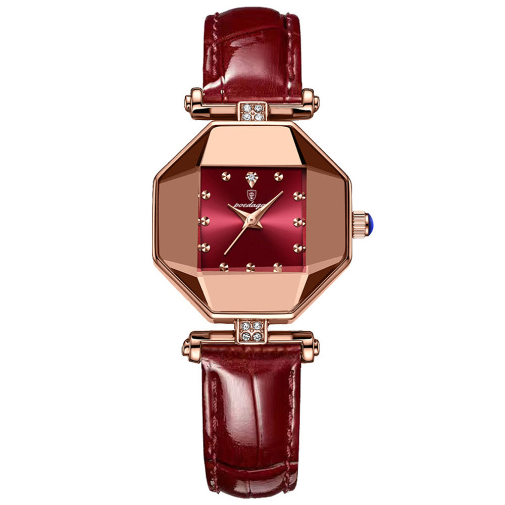 LinkMejor Women Watches Fashion Luxury Rhinestones Quartz Watch Polygon Pointer Waterproof Ladies Leather Wristwatch