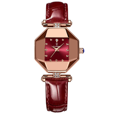 LinkMejor Women Watches Fashion Luxury Rhinestones Quartz Watch Polygon Pointer Waterproof Ladies Leather Wristwatch