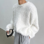 LinkMejor Men's Solid Color Sweater Casual Comfy Oversized Faux Fur Long Sleeve Sweater Plus Size Crew Neck Pullover Sweater for Men Fall Winter