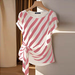 LinkMejor Women Striped Printed T-shirt Fashion Short Sleeve Tee Holiday Summer Holiday Belted Design Casual Simple Tops