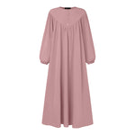 LinkMejor Women Abaya Casual Maxi A-Line Sundress Kaftans Lantern Sleeve O-Neck Plain Dress