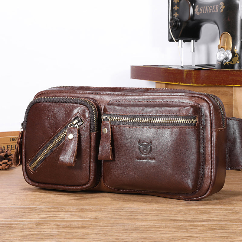 LinkMejor Men's Genuine Leather Waist Bag Large Capacity Chest Bag Outdoor Sports Zipper Fanny Packs