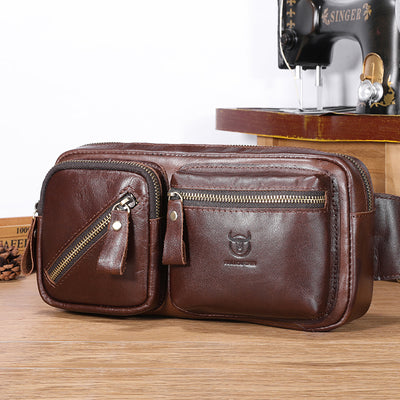 LinkMejor Men's Genuine Leather Waist Bag Large Capacity Chest Bag Outdoor Sports Zipper Fanny Packs