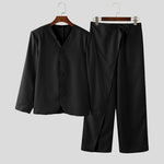 LinkMejor Mens Solid Color Long Sleeve Two-Piece Outfit Collarless Blazer & Suit Pants Men's Fashion Set