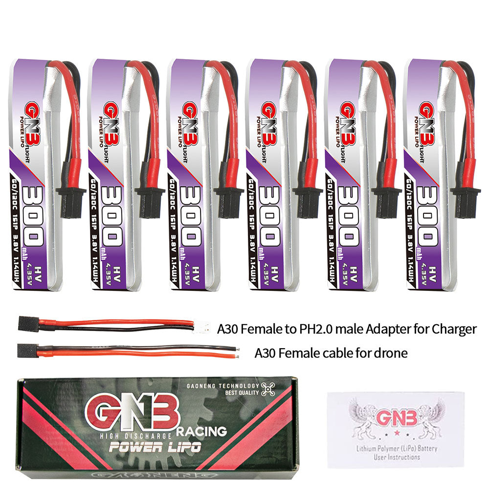 6Pcs LinkMejor 3.8V 300mAh 60C 1S LiHV Battery A30 Plug With Adapter Cable for BetaFPV Meteor65 Pro ELRS