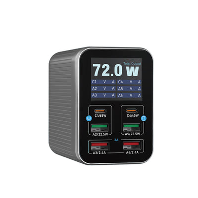 LinkMejor Q4 72W 6-Port USB C Charging Station 65W PD QC 3.0 Fast Charger Adapter With TFT HD Color Screen