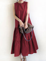 Women Sleeveless Solid Color O-neck Casual Layered Maxi Dress