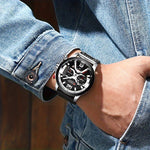 LinkMejor Chronograph Men Watch Casual Sports Fashion Calendar Analog Genuine Leather Wrist Watch