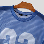 LinkMejor Mens Numeric Print Sheer Mesh T-Shirt Solid Color Crew Neck Tshirts Fashion Matching Streatwear for Male Plus Size S-5XL