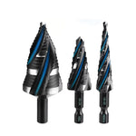 High Speed Steel Titanium Step Drill Bit Set 3PCS Spiral Flutes Hex Shank for Metal Works Drilling
