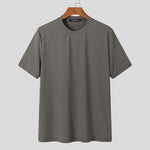 LinkMejor Mens Solid Color Rib Knitted Crew Neck T-Shirt Comfortable Breathable Short Sleeve Tshirt for Summer