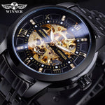 Classic Mechanical Watches Luxury Diamond Dial Black Gold Skeleton Automatic Mens Watch Stainless Steel Strap Wristwatch