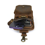 7 Inch Genuine Leather Men's Waist Bag Multi Pocket Retro Zipper Clasp Hanging Belt Phone Case Pouch for Outdoor Travel