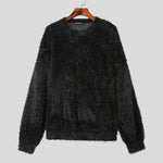 LinkMejor Men's Solid Color Sweater Casual Comfy Oversized Faux Fur Long Sleeve Sweater Plus Size Crew Neck Pullover Sweater for Men Fall Winter
