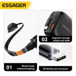 [GaN Tech] ESSAGER ES-CD60 65W 2-Port USB PD Charger with USB-C Retractable Cable+USB-A+USB-C PD3.0 QC4.0 PPS Fast Charging Wall Charger Adapter EU Plug for iPhone 17 17Pro 16 Pro Max 15 14 for Xiaomi 17pro for SAMSUNG for OPPO