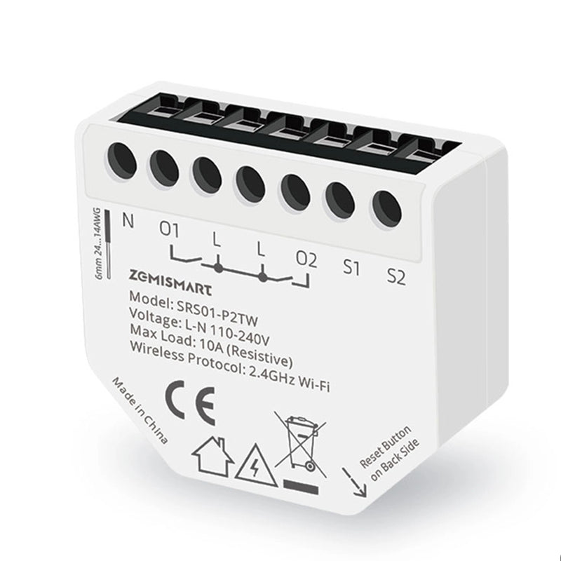 Zemismart SRS01-P2TW Tuya WiFi Relay Switch 2 Gang 10A per Channel Energy Monitoring Works with Alexa Smart Life App Remote Control Timer Requires Neutral Wire