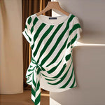 LinkMejor Women Striped Printed T-shirt Fashion Short Sleeve Tee Holiday Summer Holiday Belted Design Casual Simple Tops
