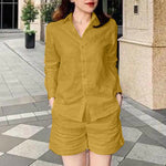 LinkMejor Women's 2pcs Suits Vintage Casual Long Sleeve Lapel Shirt Elastic Waist A-Line Shorts Cotton Linen Sets