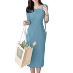 LinkMejor Womens Party Daily 7/8 Sleeve Small V-neck Design Slim Segmented Dress Solid Color Elegant Midi Dress