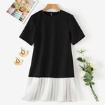 LinkMejor Fashion Style Womens Temperament Pleats Splicing Dresses Ladylike Short Sleeved Mini Contrast Dress