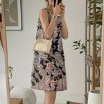 LinkMejor Women's Bohemian Printed Round Neck Pleated Sundress Loose Sleeveless Midi Dress