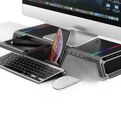 LinkMejor T1 Multifunctional Monitor Riser Stand with 3USB2.0+USB3.0 Expansion Ports / Storage Drawers / Phone Stand RGB Lights Foldable Design Computer Heighten Support Stand