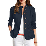LinkMejor Womens Fashion Button Down Front Side Pocket Outwear Casual Long Sleeve Stand Collar Jackets