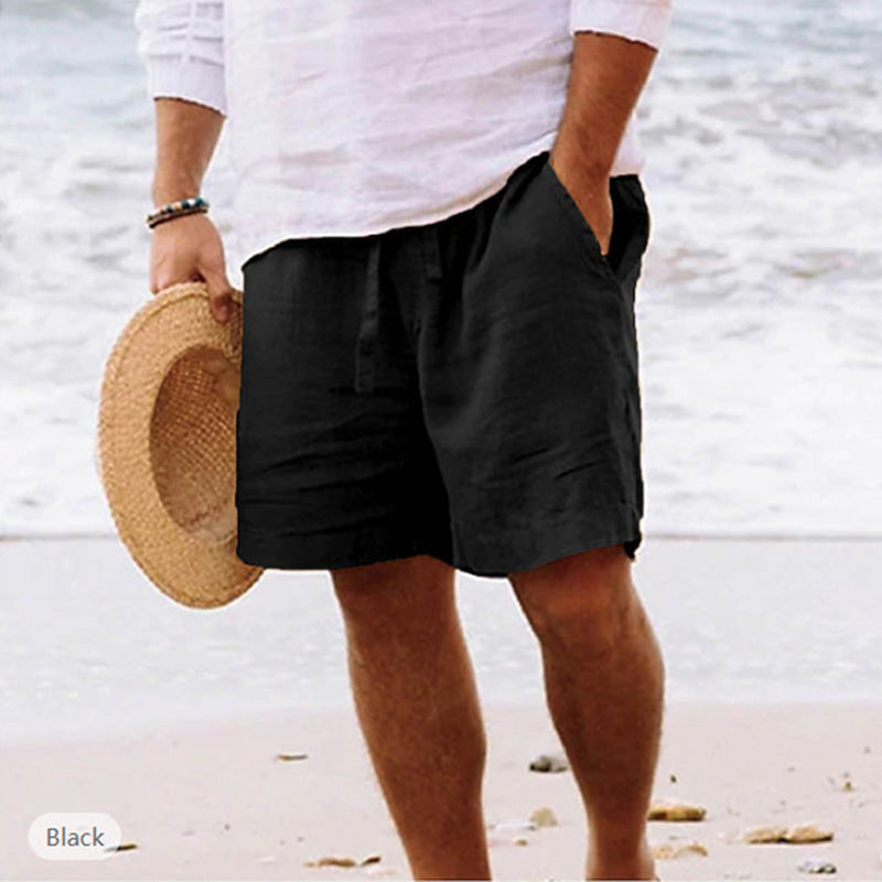 Men's Summer Cotton Linen Shorts Breathable Solid Black Drawstring Plus Size Beach Shorts Lightweight Casual Short Pants for Men Comfortable