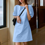 LinkMejor Womens Casual Round Neck Shirt Dress Puff Sleeve Short Dress A Line Solid Tunic Mini Dresses Plus Size