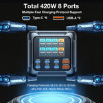 [GaN Tech] LinkMejor® BW-S33 420W 8 Ports USB PD Charger 6USB-C+2USB-A QC PD Digital Display Fast Charging Desktop Charging Station for iPhone 17 16 16 Pro 15 14 13 Pro Max for MacBook Pro for Airpods for Apple Watch