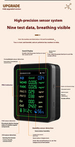 NEW 12 in 1 Air Quality Monitor Formaldehyde Space Contrast Function TVOC CO CO2 PM2.5 PM10 Temperature Humidity LCD Display Rechargeable Precision Sensor Real Time Detection Compact Design ZN-MT14
