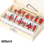 15PCS Woodworking Milling Cutter Set Tungsten Steel YG8 Alloy Blades Heat-Resistant Coating Multiple Shank Sizes for Precise Slotting and Trimming