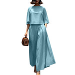 LinkMejor Women Two-piece Outfits 3/4 Sleeve O-Neck Top Elastic Waist Pleated Wide Leg Pants Sets