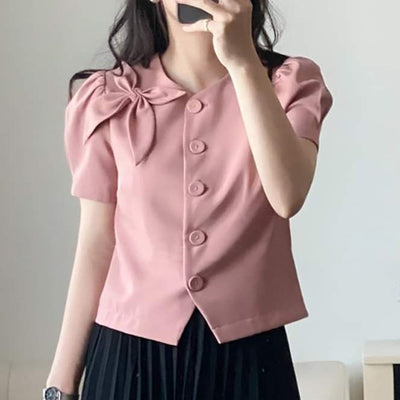LinkMejor Womens Elegant Bowknot Decorate Puff Sleeve Blouses Temperament Button Shirts