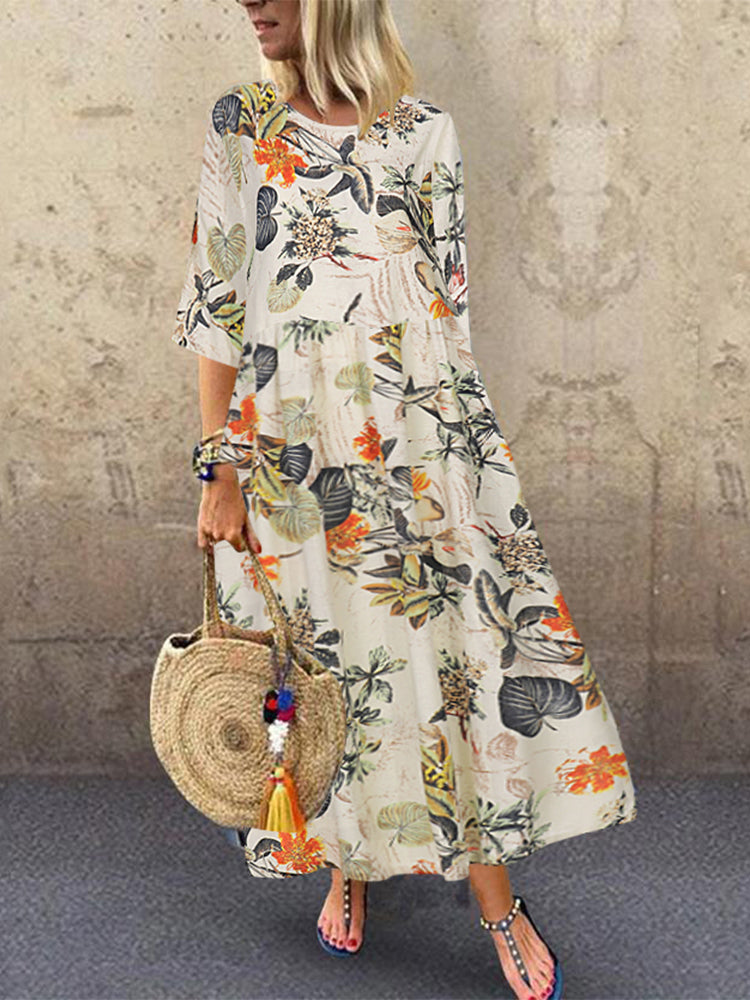 LinkMejor Plus Size Women Beach Long Dress Retro Floral Printed Round Neck Three Quarter Sleeve Pleated Beach Maxi Dresses