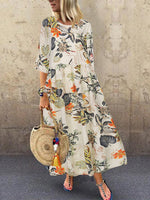 LinkMejor Plus Size Women Beach Long Dress Retro Floral Printed Round Neck Three Quarter Sleeve Pleated Beach Maxi Dresses