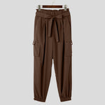 INCERUN Men Pants Tie Design Solid Color Casual Elastic Trousers Comfy Daily Solid Color Pants with Side Pockets