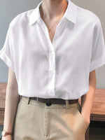 LinkMejor Women Cotton Linen Blouses Solid Button Lapel Roll Sleeve Short Sleeve Casual Shirt Plus Size