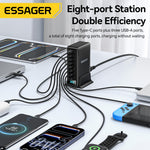 [GaN Tech] ESSAGER NCC-888 380W 8-Port USB PD Charger 3USB-A+5USB-C PD3.0/2.0 QC4.0/3.0/2.0 AFC FCP SCP DCP PPS Apple2.4A BC1.2 Fast Charging Desktop Charging Station EU Plug for iPhone 17 17Pro 16 Pro Max 15 14 for Huawei Mate XTs for OPPO for VIVO