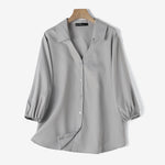 LinkMejor Women's Blouse Commute New Fashion Lantern Sleeve V-Neck Lapel Solid Office Top Shirt