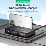 [GaN Tech] LinkMejor® BW-S30 175W 6-Port USB PD Charger 4USB-C+2USB-A QC PD Digital Display Fast Charging Desktop Charging Station for iPhone 16 16 Pro 15 14 13 Pro Max for MacBook Pro for Airpods for Apple Watch